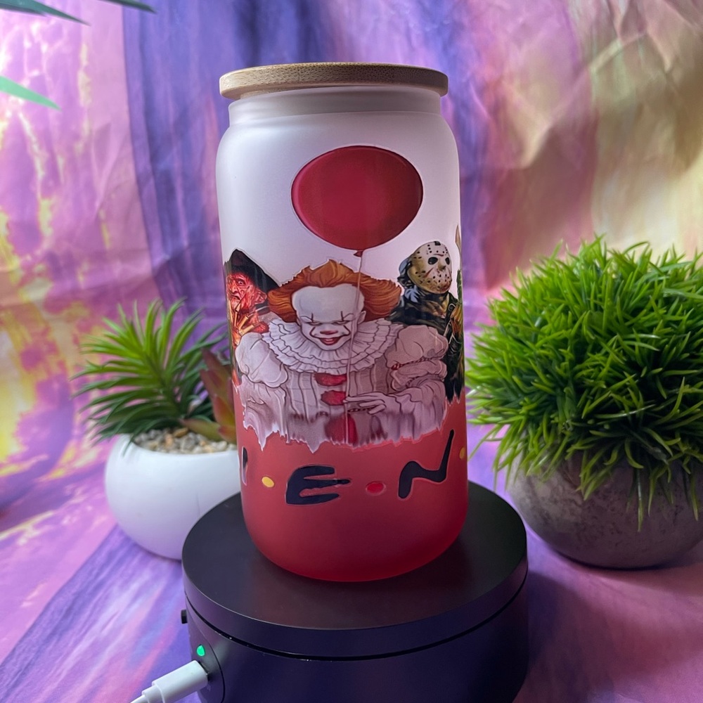 Horror Friends 16 oz Glass Tumbler with Bamboo lid